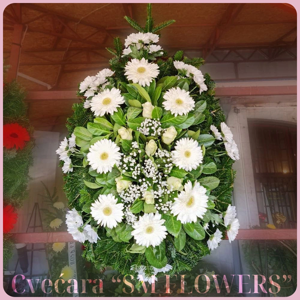 beli gerberi bele ruze i gipsofila suza venac za groblje