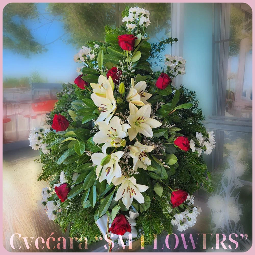 beli ljiljani crvene ruze i bele hrizanteme suza venac za groblje