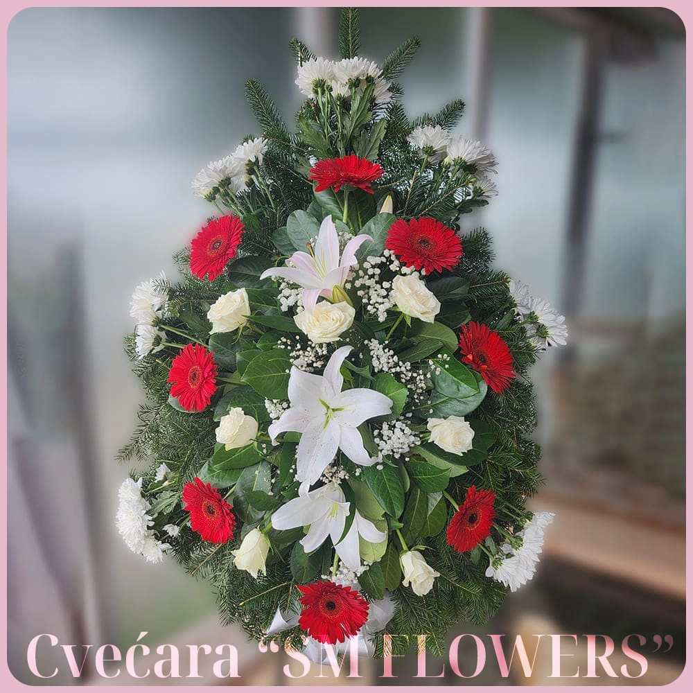 beli ljiljani crveni gerberi bele ruze i hrizanteme suza venac za groblje