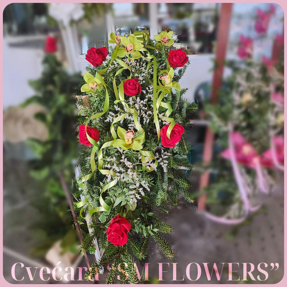 crvene ruze zelena orkideja i gipsofila suza za groblje