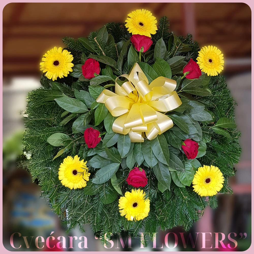 crveni anturijum zelena orkideja i crveni gerber suza venac za groblje