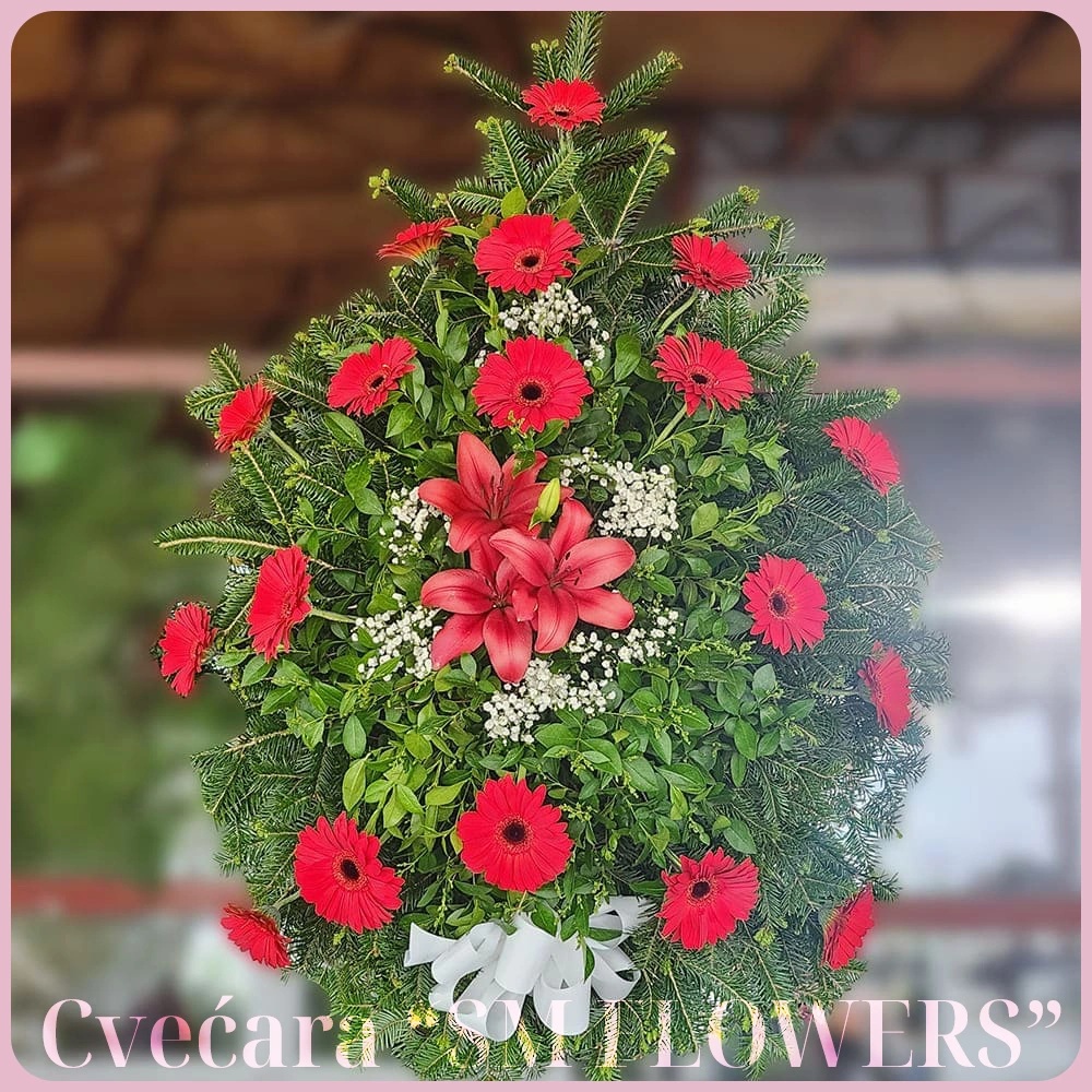 Pogrebni venac od crvenih ljiljana i crvenih gerbera sa belim detaljima