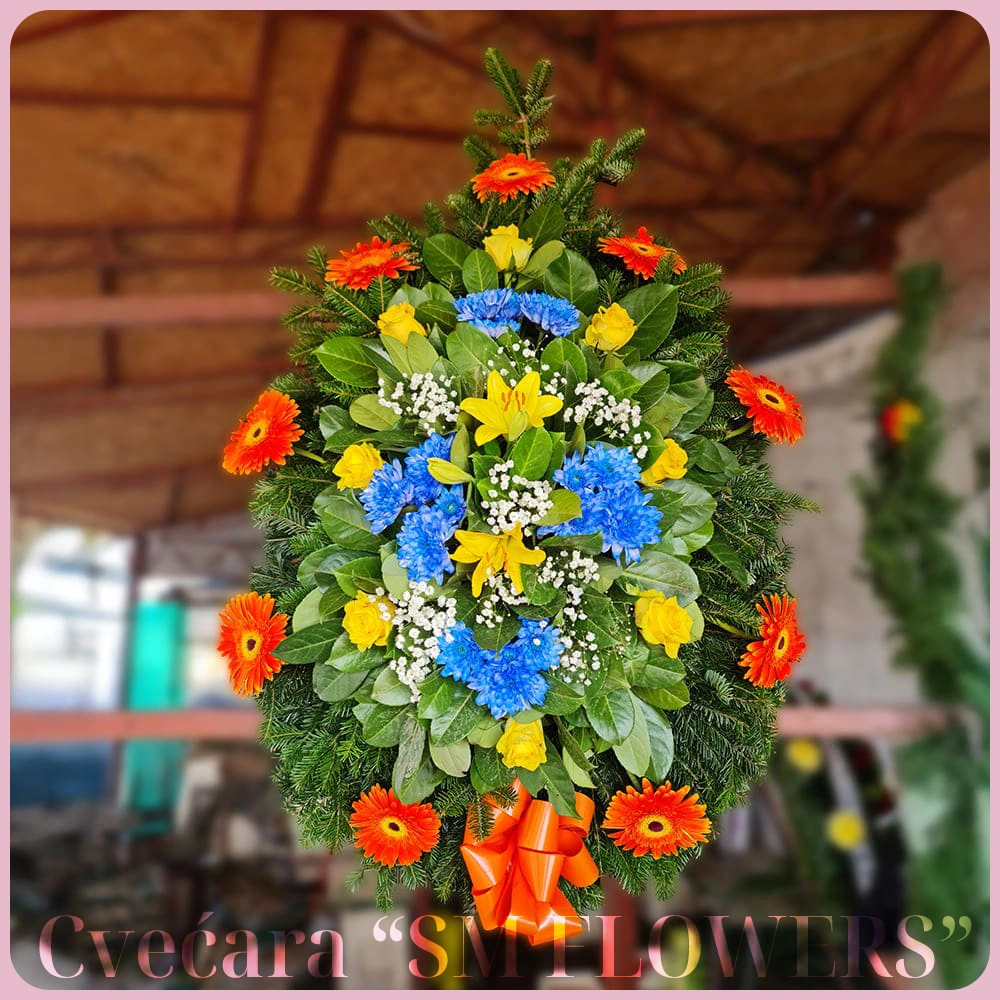 narandzasti gerberi zute ruze i plave hrizanteme suza venac za groblje