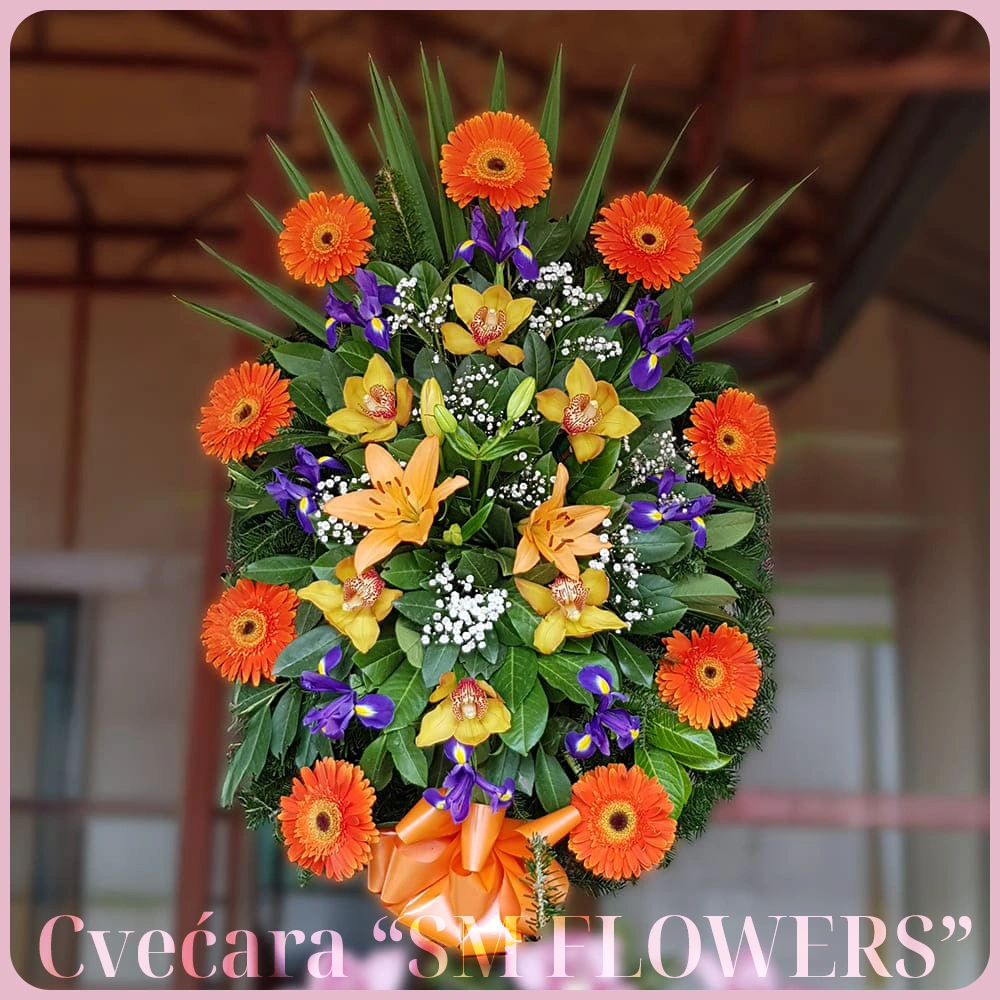narandzasti gerberi zuti ljiljani zute orhideje ljubicasti irisi venac za groblje