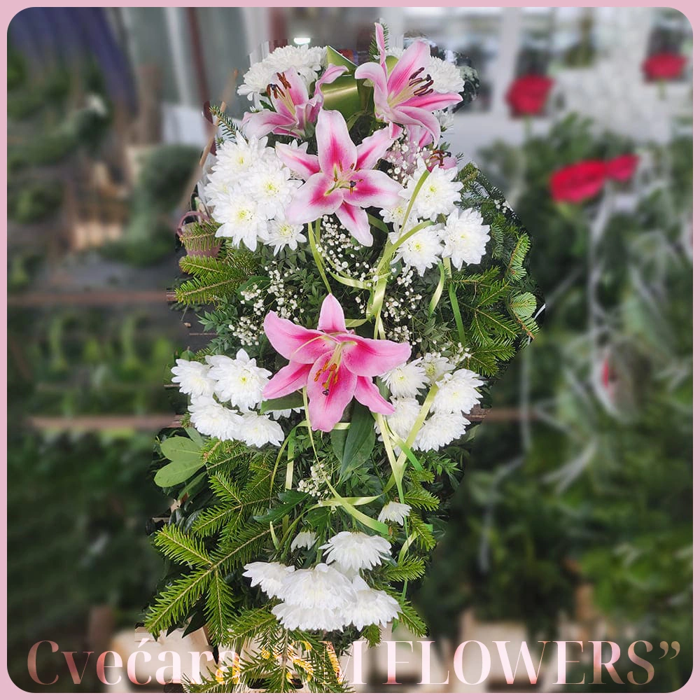 pogrebni aranžman sa roze ljiljanima i belim hrizantemama za groblje