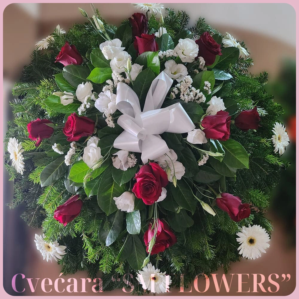 tamno crvene ruze beli lizijantus i beli gerberi okrugli venac za groblje